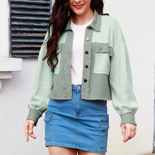 Button Up Raw Hem Long Sleeve Jacket