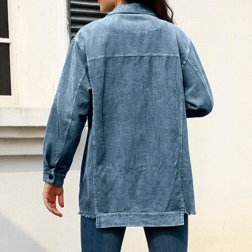 Button Up Raw Hem Long Sleeve Shacket