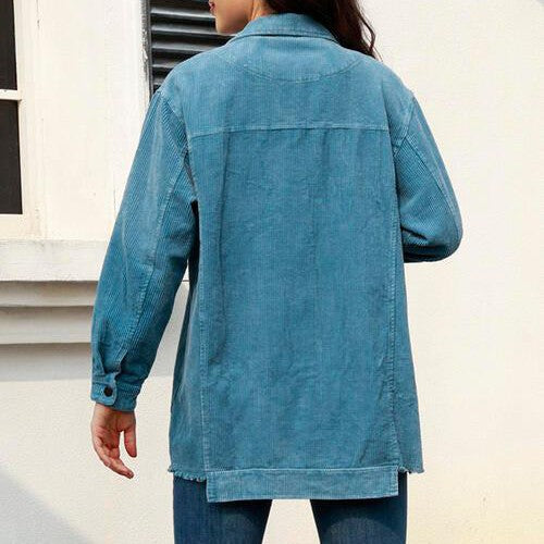 Button Up Raw Hem Long Sleeve Shacket