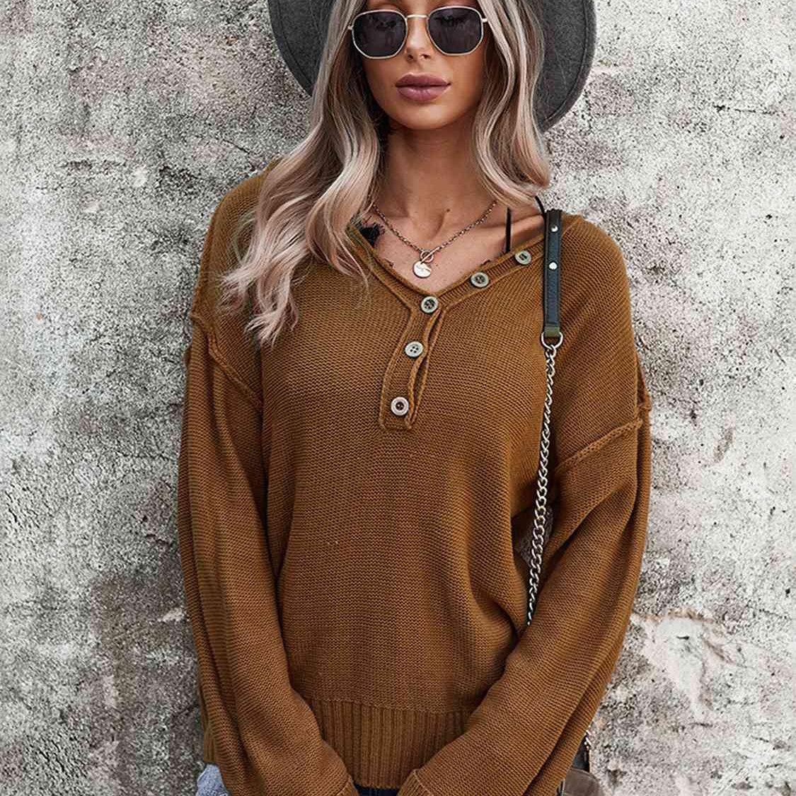 Buttoned Exposed Seam Knit Top