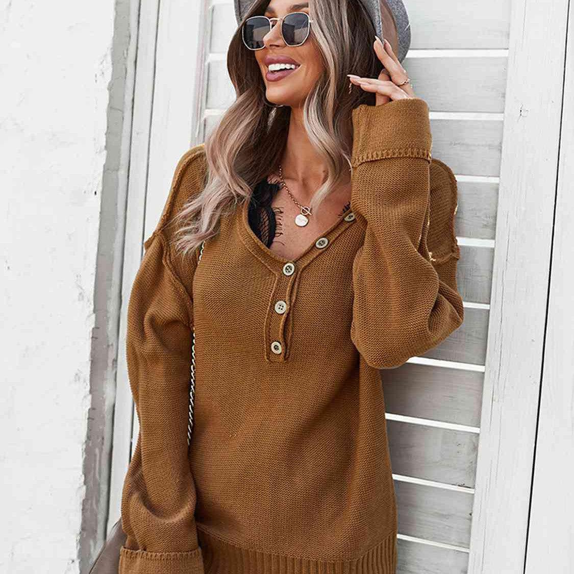 Buttoned Exposed Seam Knit Top