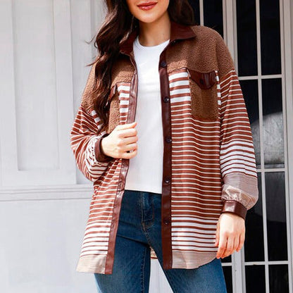 Buttoned Striped Collared Neck Jacket