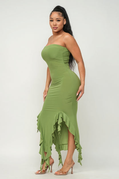 Solid Bottom Ruffle Trim Hem Slit Tube Maxi Dress