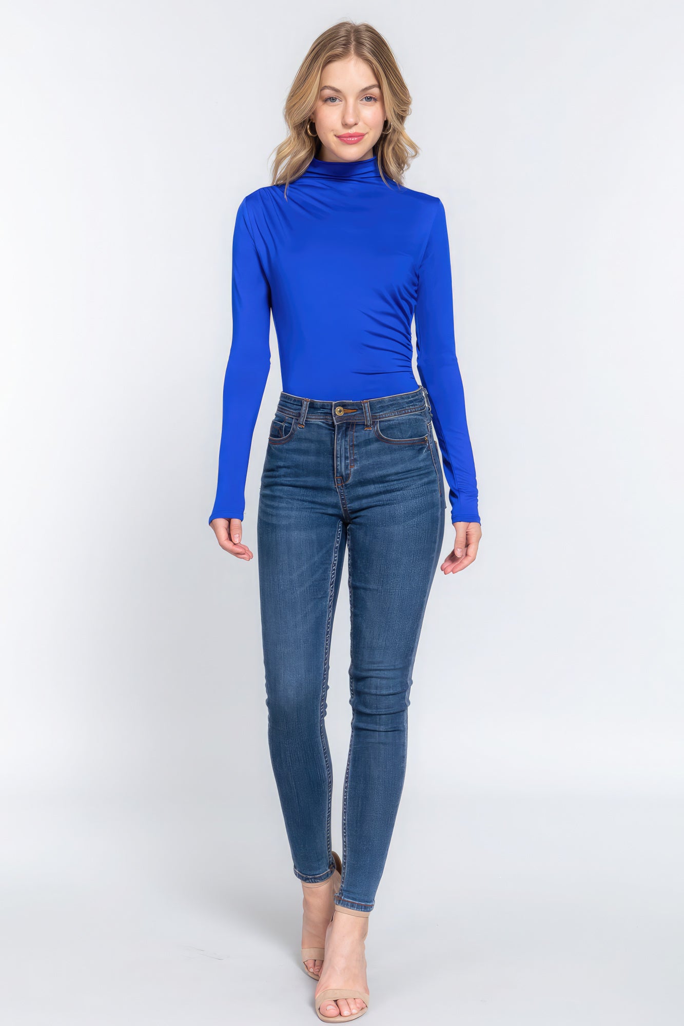 Long Sleeve High Neck Shirring Detail ITY Knit Bodysuit