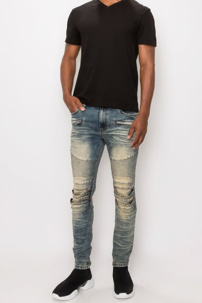 Men Creased Biker Denim Jeans