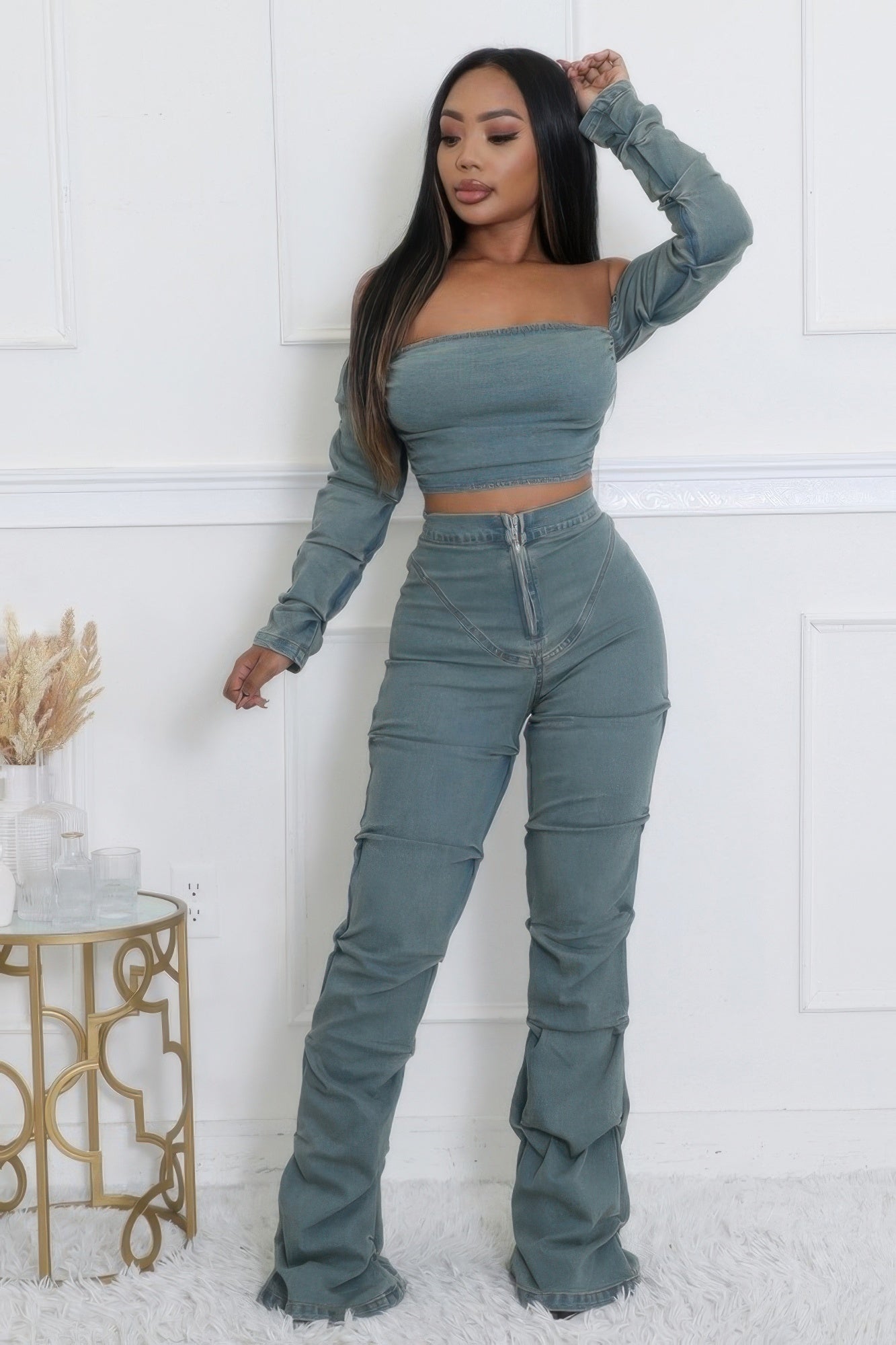 Denim Off The Shoulder Stretch Pant Set