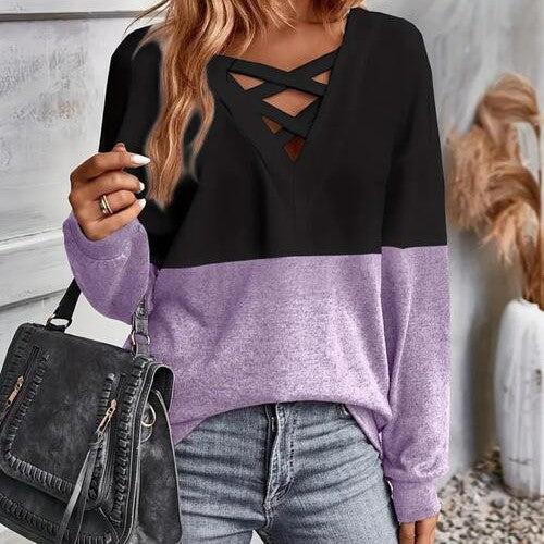 Contrast Crisscross V-Neck Long Sleeve Top