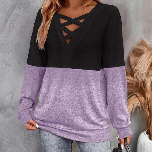 Contrast Crisscross V-Neck Long Sleeve Top