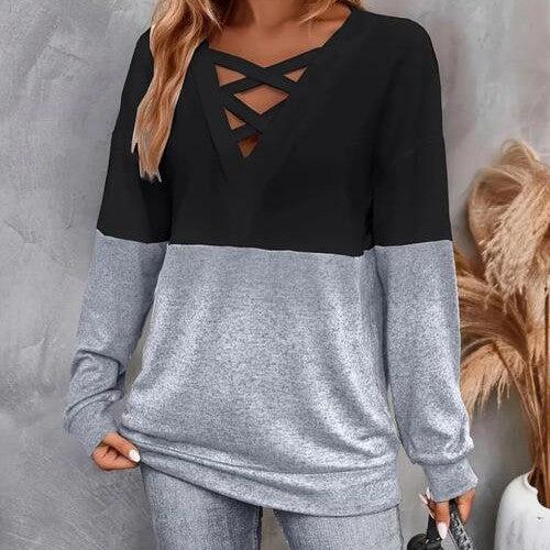 Contrast Crisscross V-Neck Long Sleeve Top