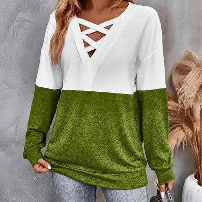 Contrast Crisscross V-Neck Long Sleeve Top