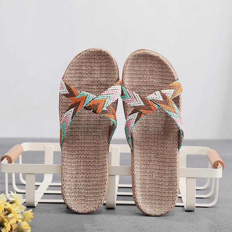 Cross style breathable linen designer flat slippers