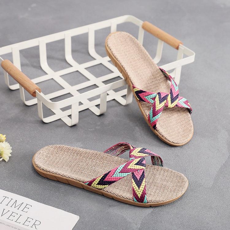 Cross style breathable linen designer flat slippers
