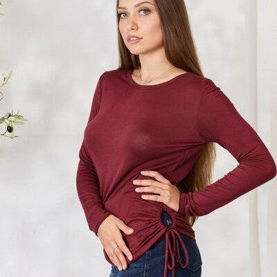 Culture Code Full Size Drawstring Round Neck Long Sleeve Top