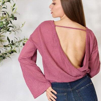 Culture Code Full Size Waffle-Knit Round Neck Long Sleeve Blouse