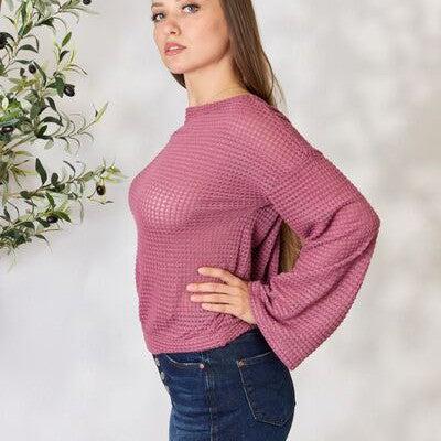 Culture Code Full Size Waffle-Knit Round Neck Long Sleeve Blouse