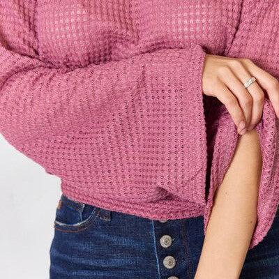 Culture Code Full Size Waffle-Knit Round Neck Long Sleeve Blouse