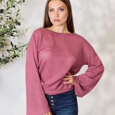 Culture Code Full Size Waffle-Knit Round Neck Long Sleeve Blouse