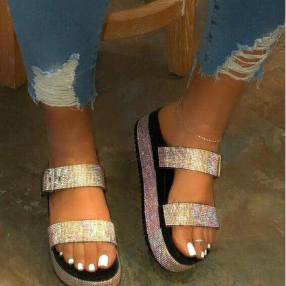 Custom women shoes slippers rhinestone black flat summer beach sandals