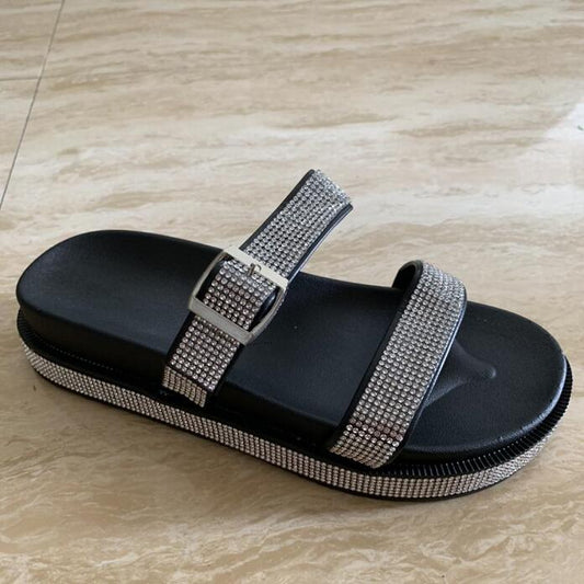 Custom women shoes slippers rhinestone black flat summer beach sandals