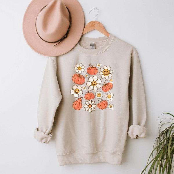 Distressed Flowers And Pumpkins Graphic Sweatshirt