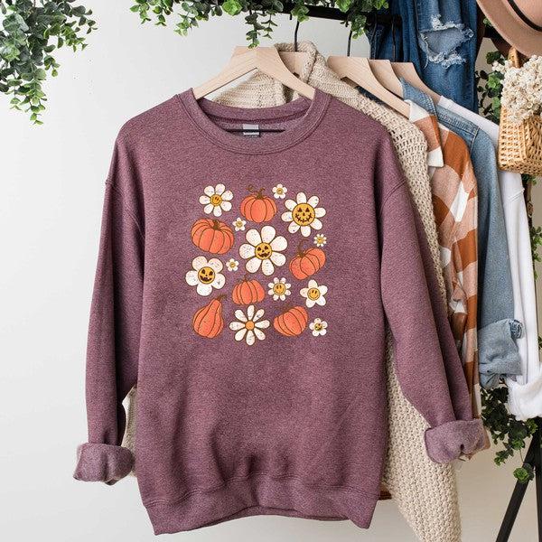 Distressed Flowers And Pumpkins Graphic Sweatshirt