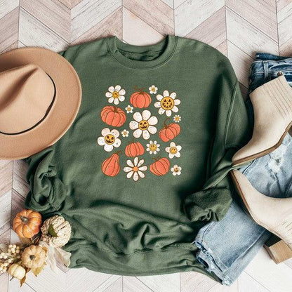 Distressed Flowers And Pumpkins Graphic Sweatshirt