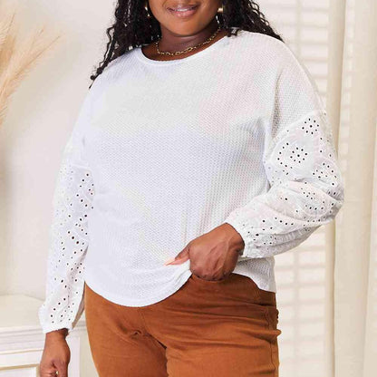 Double Take Eyelet Dropped Shoulder Round Neck Blouse