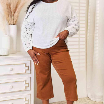 Double Take Eyelet Dropped Shoulder Round Neck Blouse