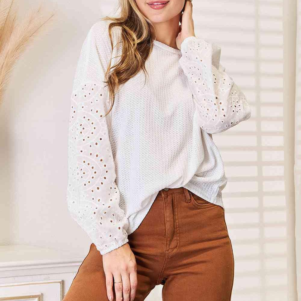 Double Take Eyelet Dropped Shoulder Round Neck Blouse