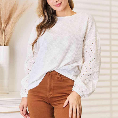 Double Take Eyelet Dropped Shoulder Round Neck Blouse