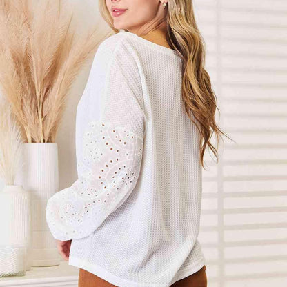 Double Take Eyelet Dropped Shoulder Round Neck Blouse