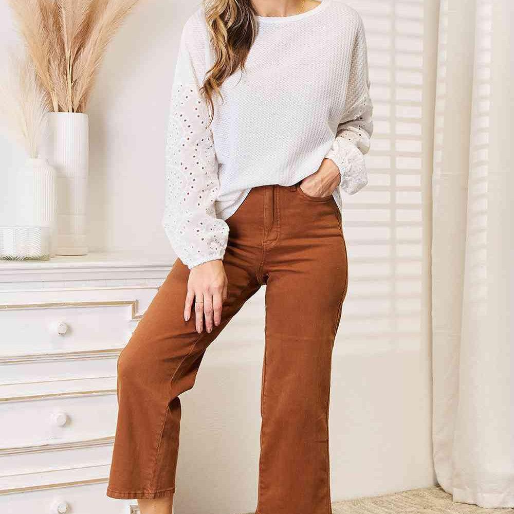 Double Take Eyelet Dropped Shoulder Round Neck Blouse