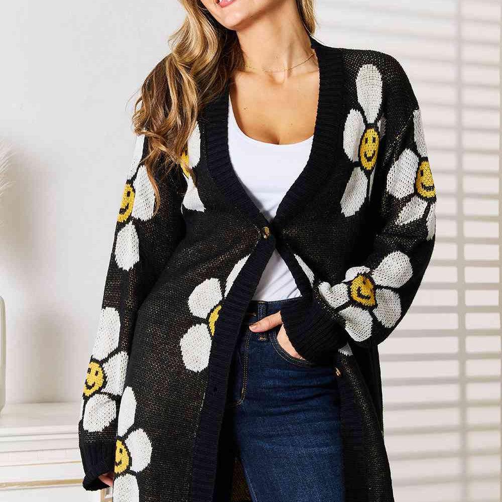 Double Take Floral Button Down Longline Cardigan