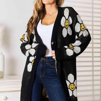 Double Take Floral Button Down Longline Cardigan