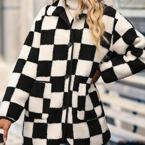 Double Take Full Size Checkered Button Front Coat with Pockets