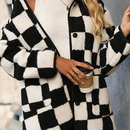 Double Take Full Size Checkered Button Front Coat with Pockets