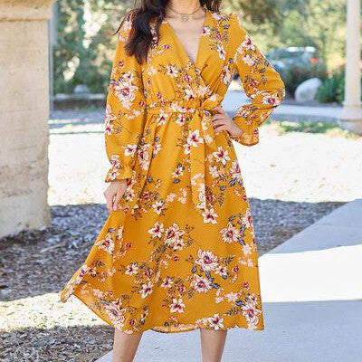 Double Take Full Size Floral Tie Back Flounce Sleeve Dress