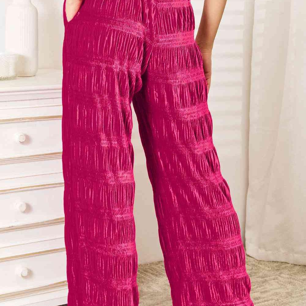 Double Take Full Size High Waist Tiered Shirring Velvet Wide Leg Pants