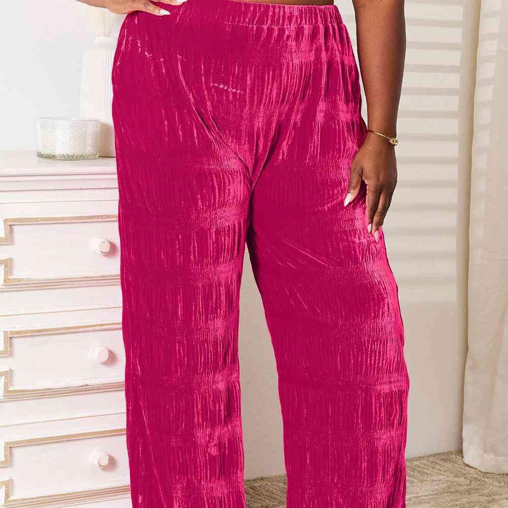 Double Take Full Size High Waist Tiered Shirring Velvet Wide Leg Pants