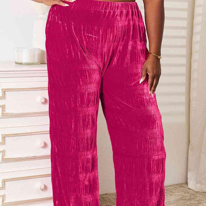 Double Take Full Size High Waist Tiered Shirring Velvet Wide Leg Pants