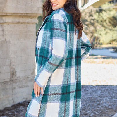 Double Take Full Size Plaid Button Up Lapel Collar Coat