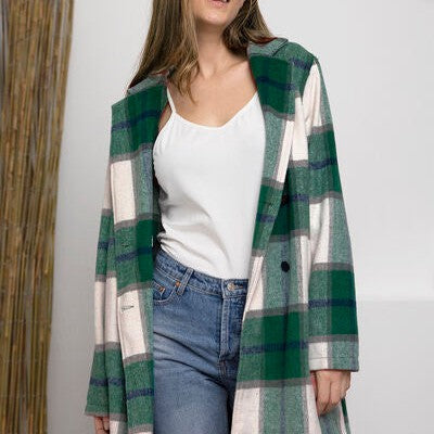 Double Take Full Size Plaid Button Up Lapel Collar Coat