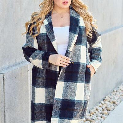 Double Take Full Size Plaid Button Up Lapel Collar Coat