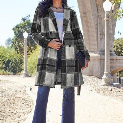 Double Take Full Size Plaid Button Up Lapel Collar Coat