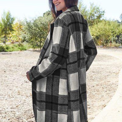 Double Take Full Size Plaid Button Up Lapel Collar Coat