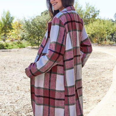 Double Take Full Size Plaid Button Up Lapel Collar Coat