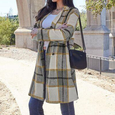 Double Take Full Size Plaid Button Up Lapel Collar Coat