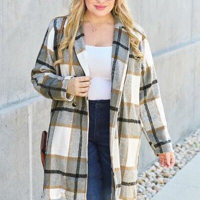 Double Take Full Size Plaid Button Up Lapel Collar Coat