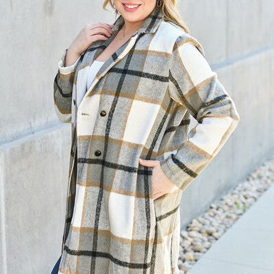 Double Take Full Size Plaid Button Up Lapel Collar Coat