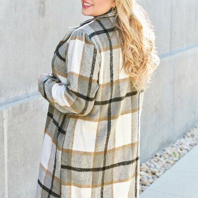 Double Take Full Size Plaid Button Up Lapel Collar Coat